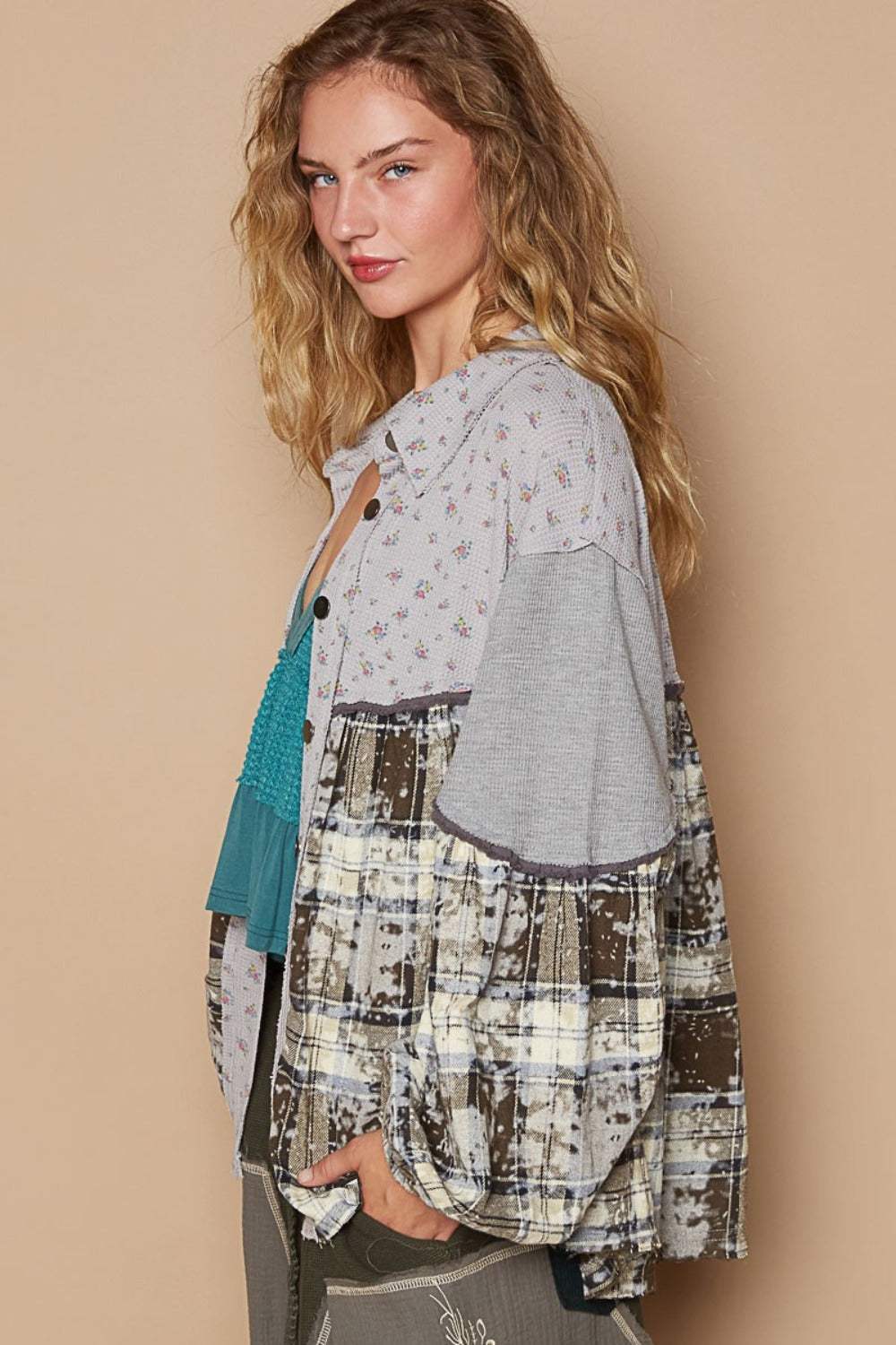 POL Balloon Sleeve Floral Color Block Plaid Shirt - Trendsi - Flyclothing LLC