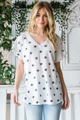 Heimish Full Size Star Print Short Sleeve V-Neck Waffle Knit T-Shirt - Trendsi - Flyclothing LLC