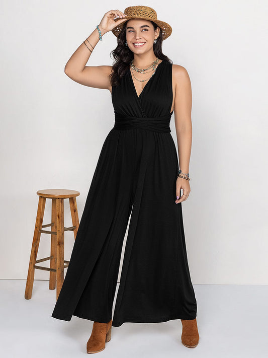 Plus Size V-Neck Wide Leg Jumpsuit - Trendsi