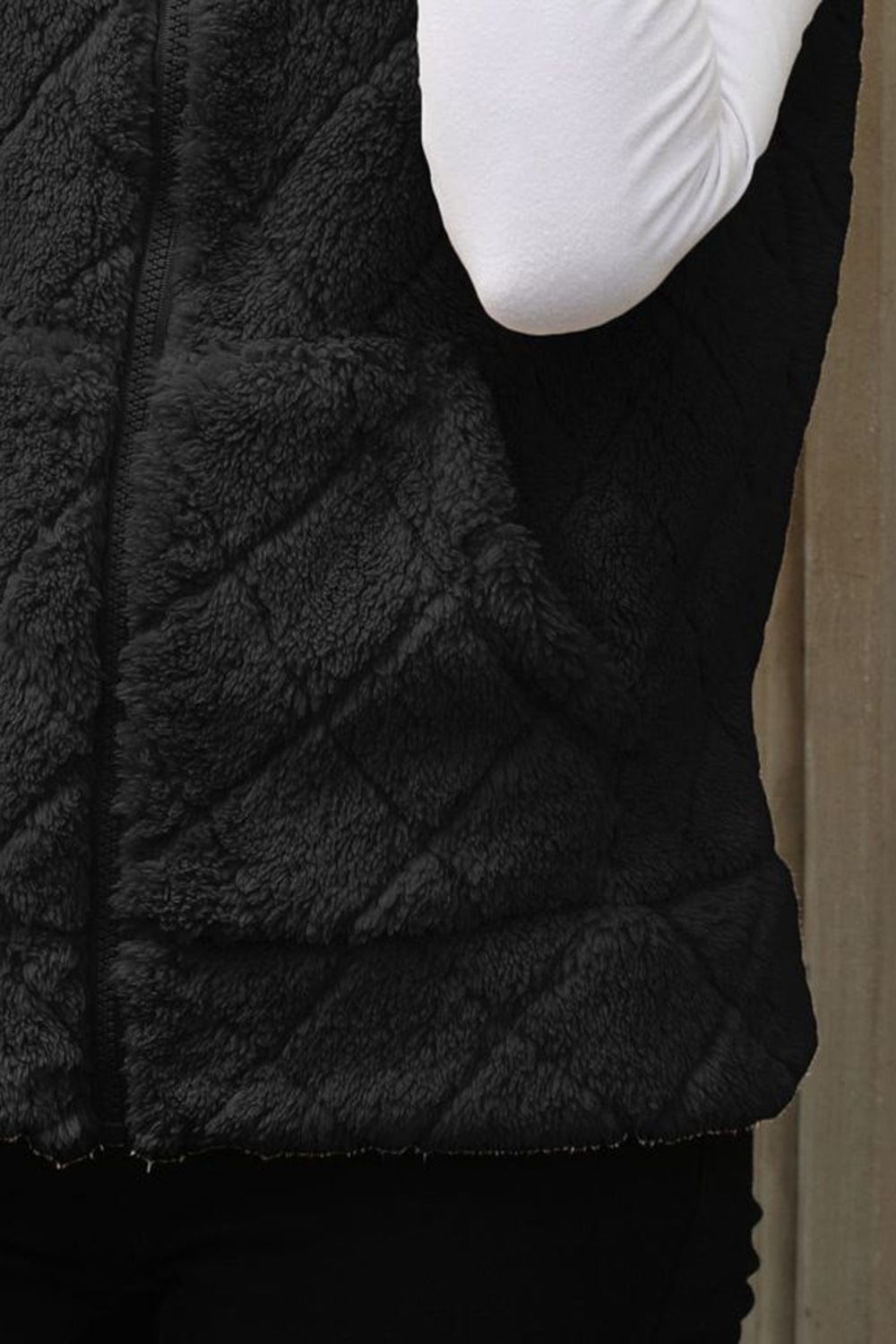 Fuzzy Plaid Texture Zip Up Vest Coat - Trendsi