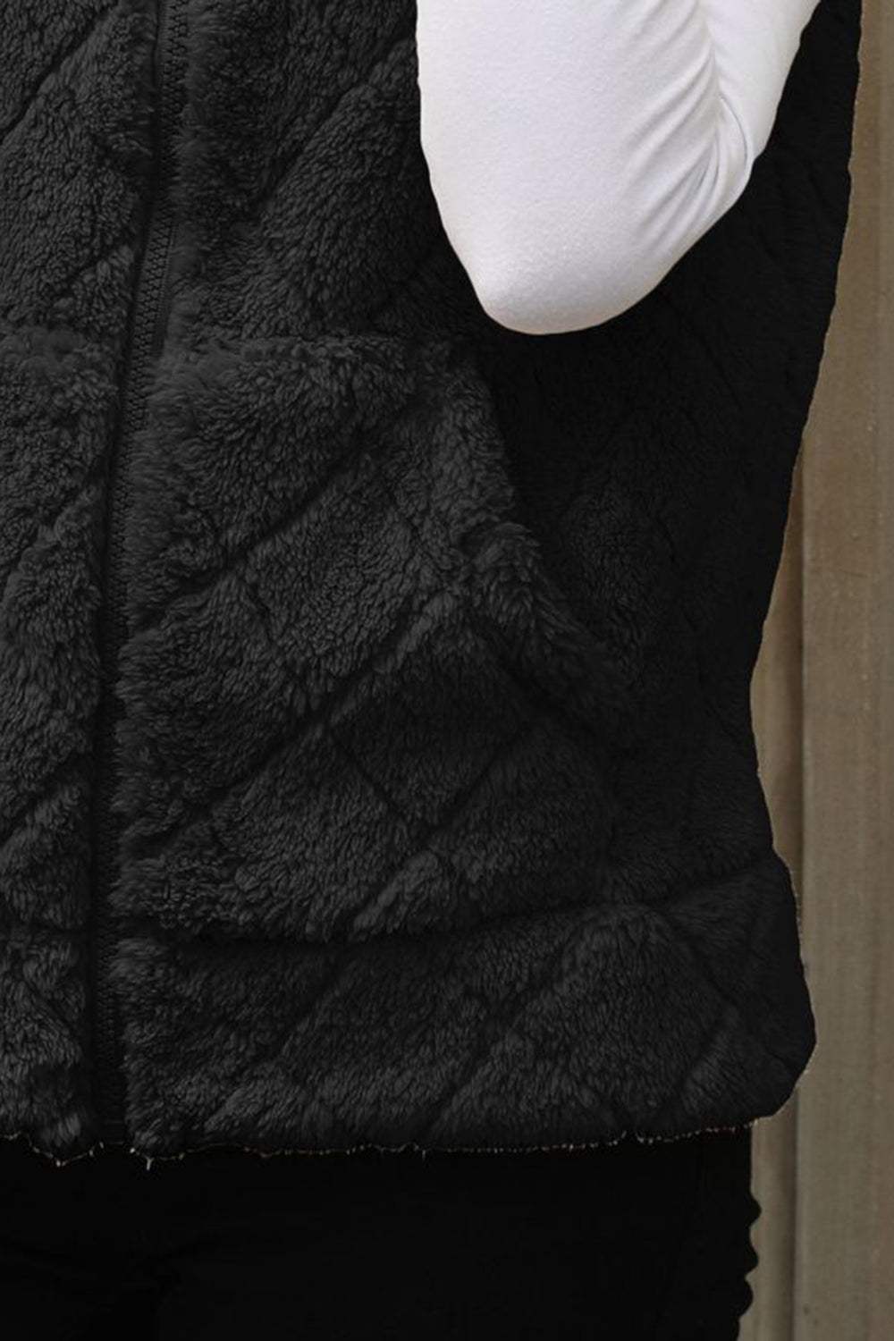 Fuzzy Plaid Texture Zip Up Vest Coat - Trendsi - Flyclothing LLC