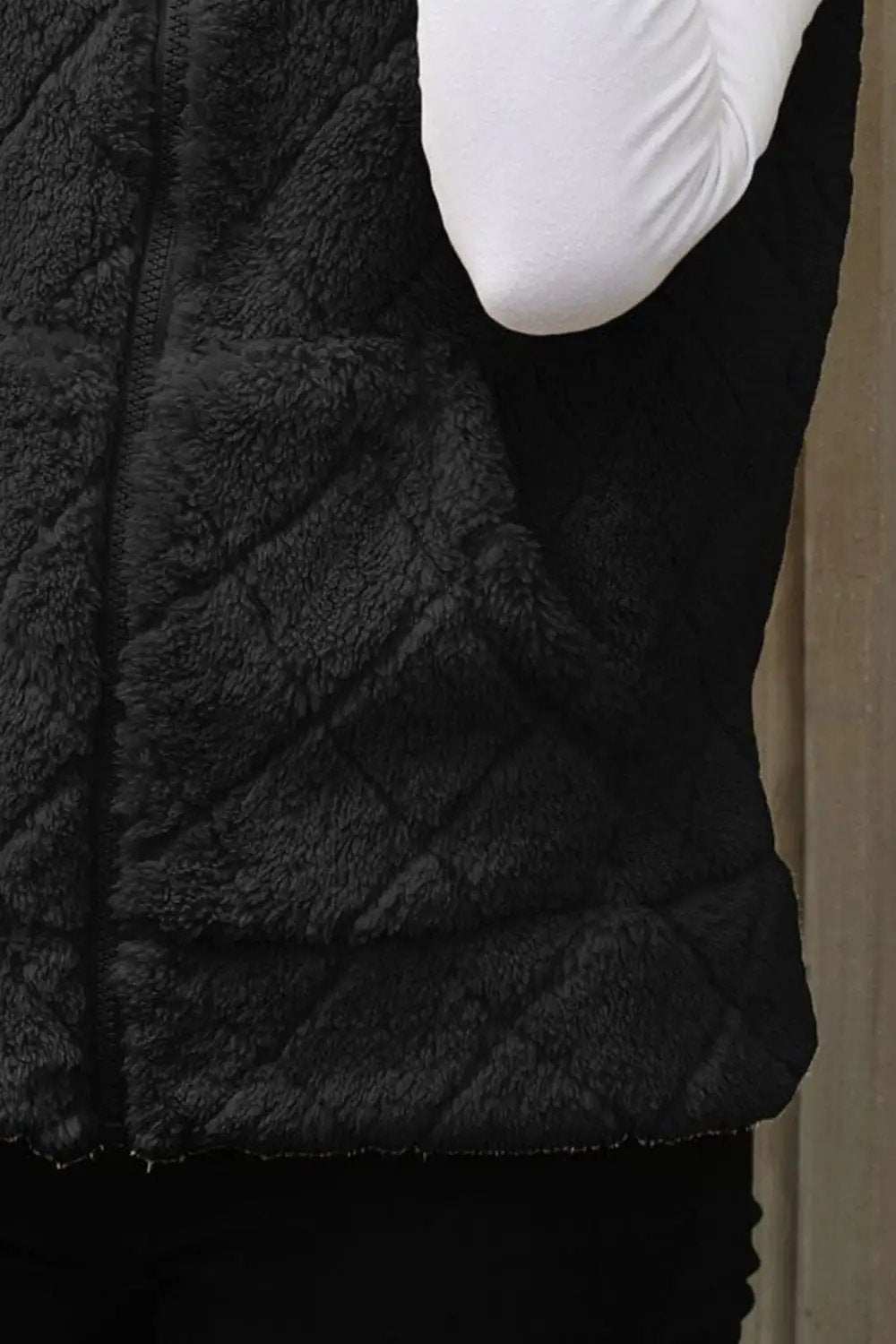 Fuzzy Plaid Texture Zip Up Vest Coat - Trendsi - Flyclothing LLC