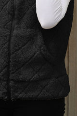 Fuzzy Plaid Texture Zip Up Vest Coat - Trendsi