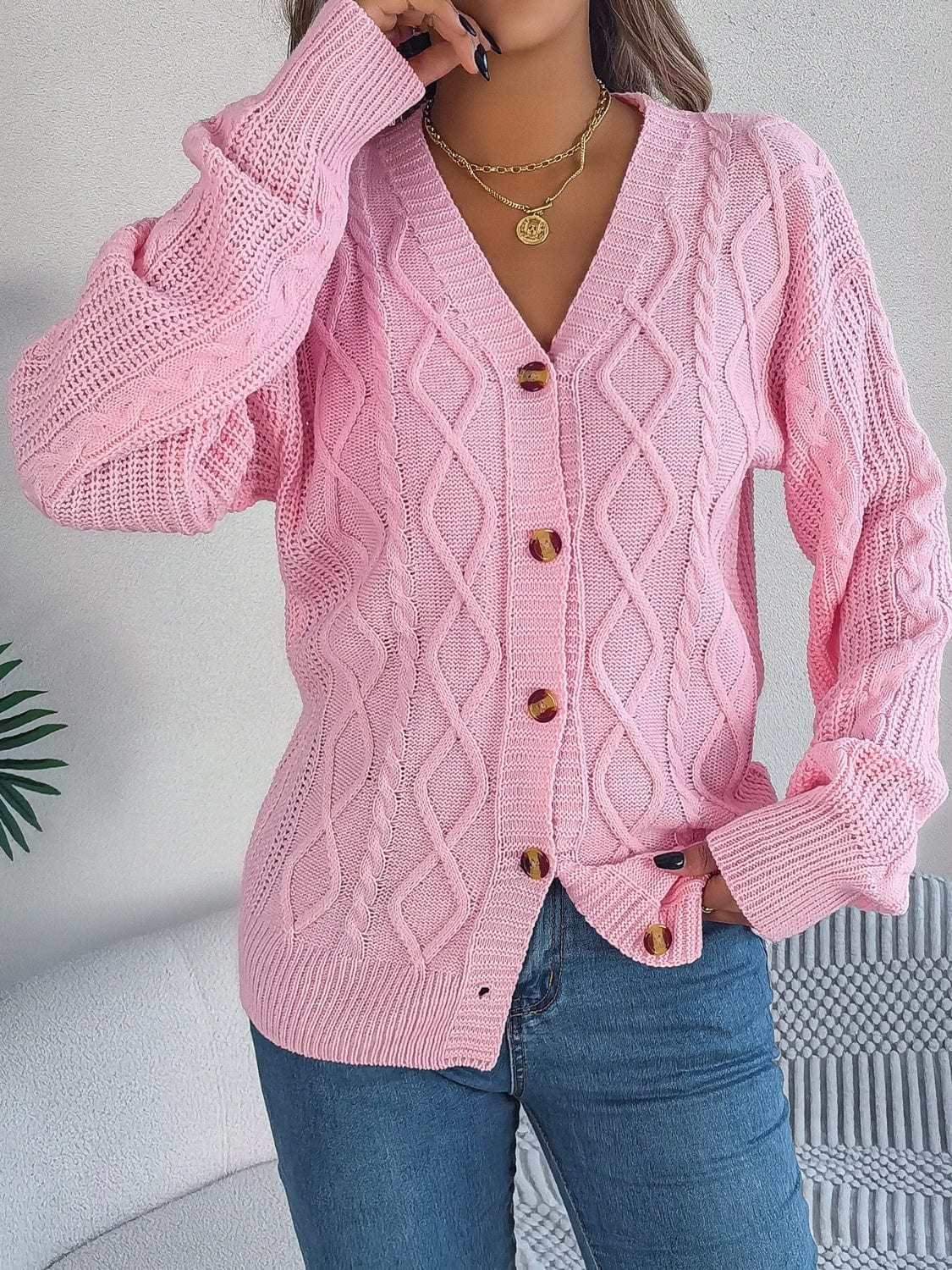 Cable-Knit Long Sleeve Cardigan - Trendsi