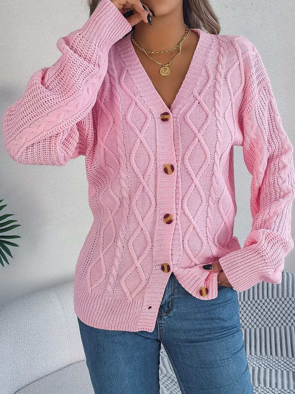 Cable-Knit Long Sleeve Cardigan - Trendsi - Flyclothing LLC