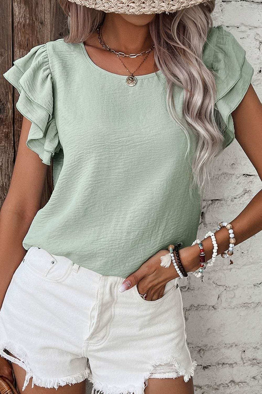 V-Neck Ruffled Cap Sleeve Blouse - Trendsi - Flyclothing LLC