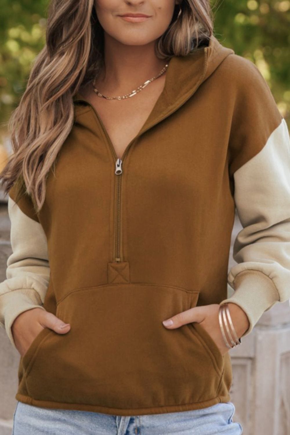 Contrast Half Zip Long Sleeve Hoodie - Trendsi