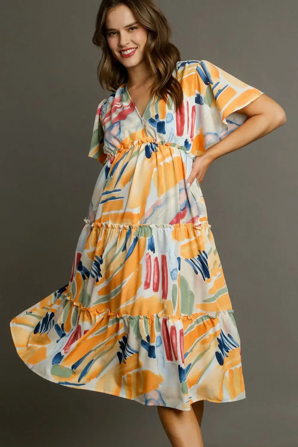 Umgee Full Size Abstract Print Flutter Sleeve Frill Tiered Midi Dress Plus Size - Trendsi - Flyclothing LLC