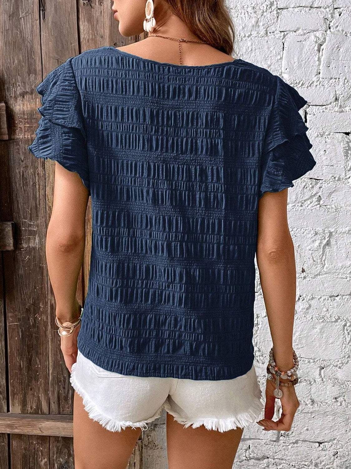Round Neck Flounce Sleeve Blouse - Trendsi - Flyclothing LLC