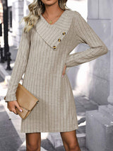 V-Neck Long Sleeve Knit Dress - Trendsi - Flyclothing LLC