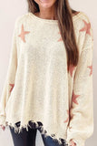 Contrast Star Raw Hem Long Sleeve Knit Top - Trendsi - Flyclothing LLC