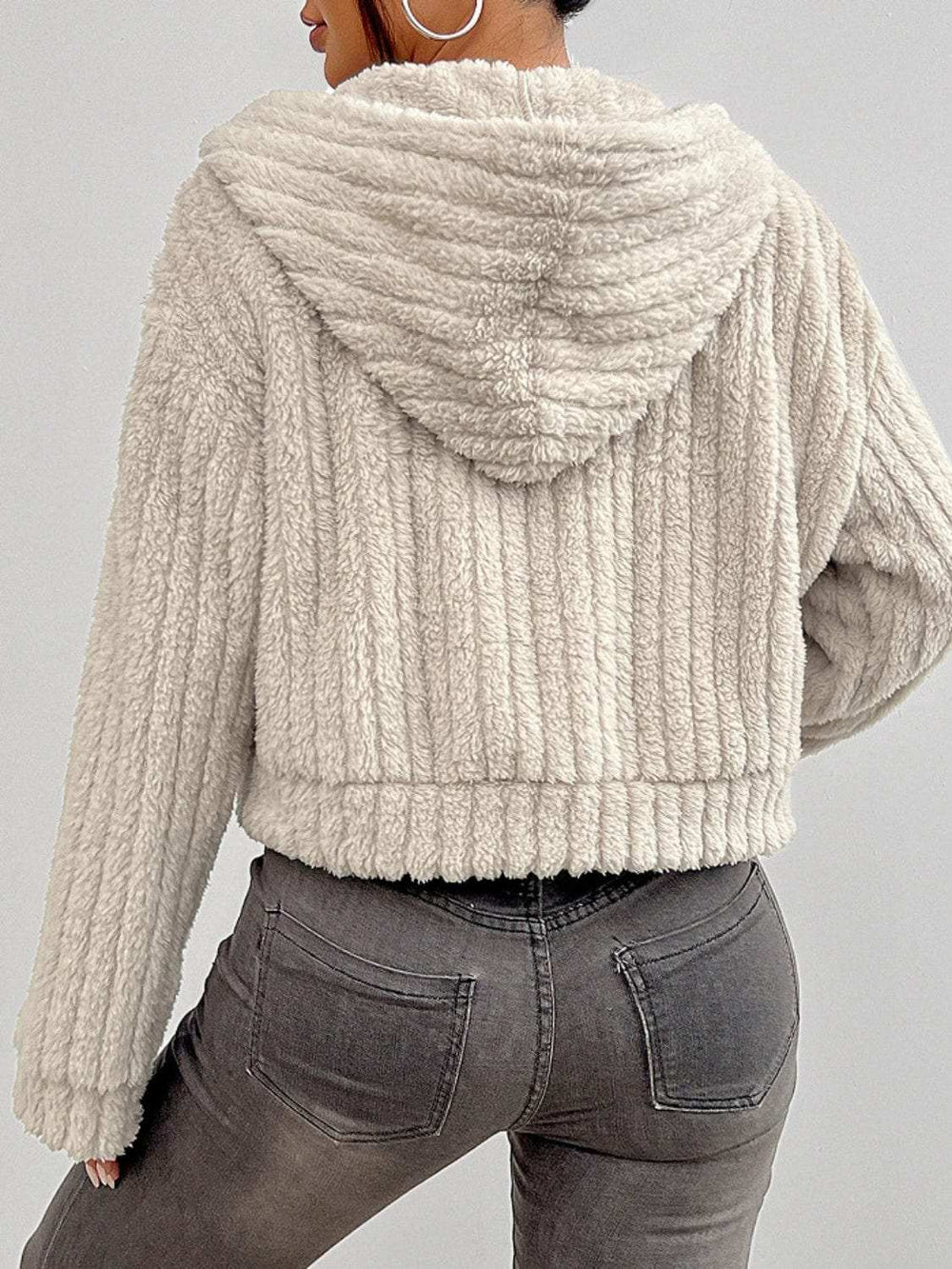 Zip Up Long Sleeve Fuzzy Hooded Jacket - Trendsi - Flyclothing LLC