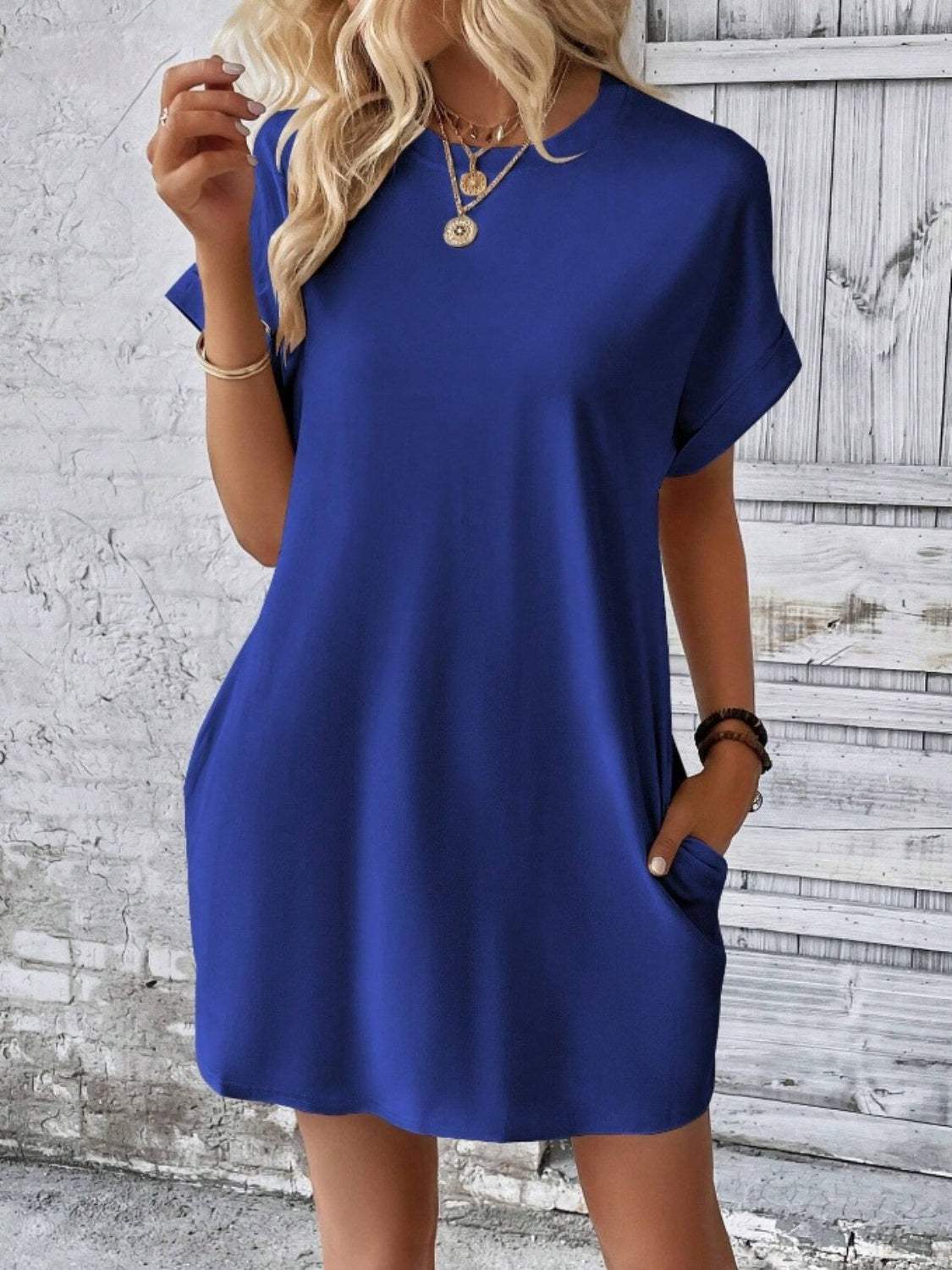 Pocketed Round Neck Short Sleeve Dress - Trendsi - Flyclothing LLC