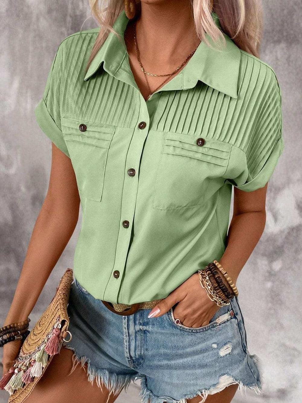Pleated Detail Collared Neck Short Sleeve Shirt - Trendsi - Flyclothing LLC