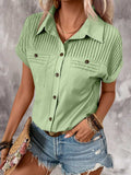 Pleated Detail Collared Neck Short Sleeve Shirt - Trendsi - Flyclothing LLC