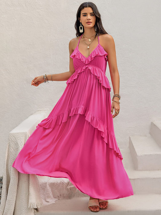 Ruffled Halter Neck Sleeveless Maxi Dress - Trendsi
