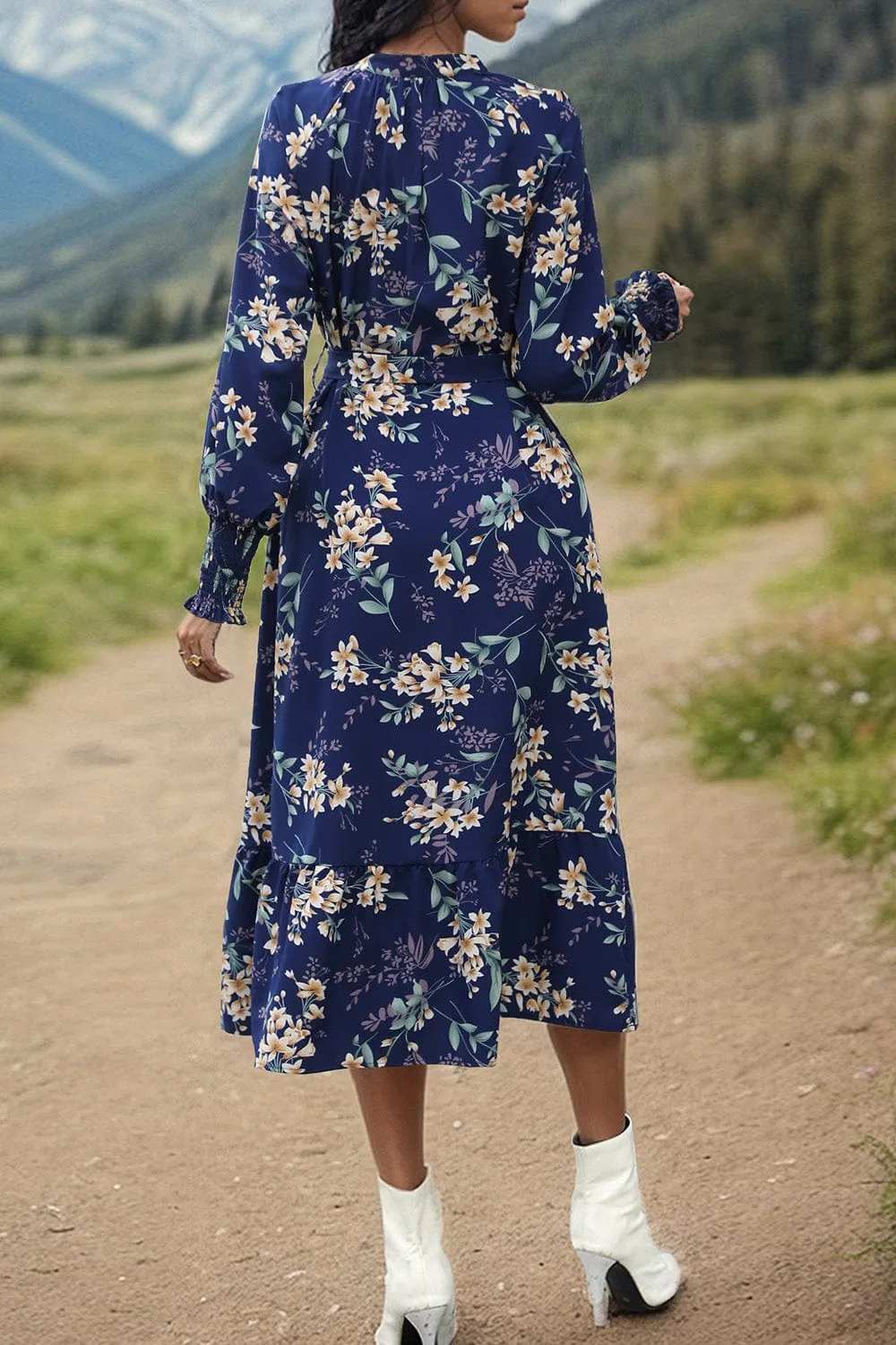 Printed Notched Lantern Sleeve Midi Dress - Trendsi - Flyclothing LLC