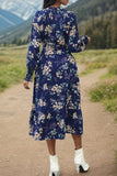 Printed Notched Lantern Sleeve Midi Dress - Trendsi