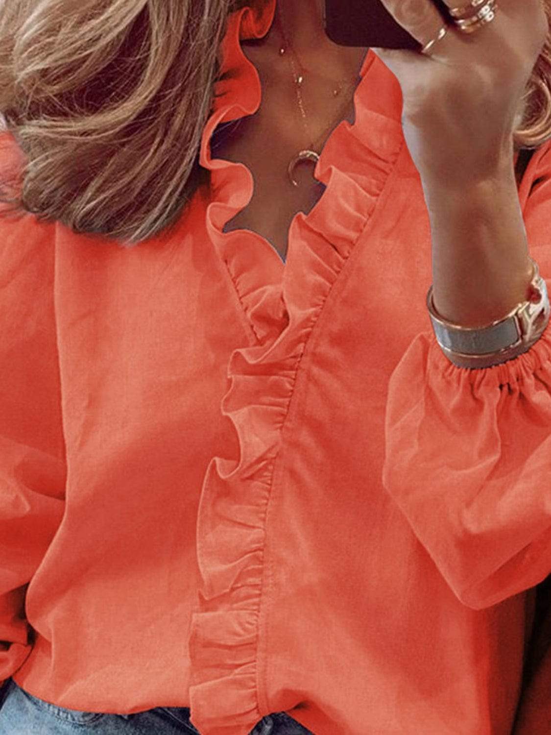 Full Size Ruffled V-Neck Long Sleeve Blouse - Trendsi - Flyclothing LLC