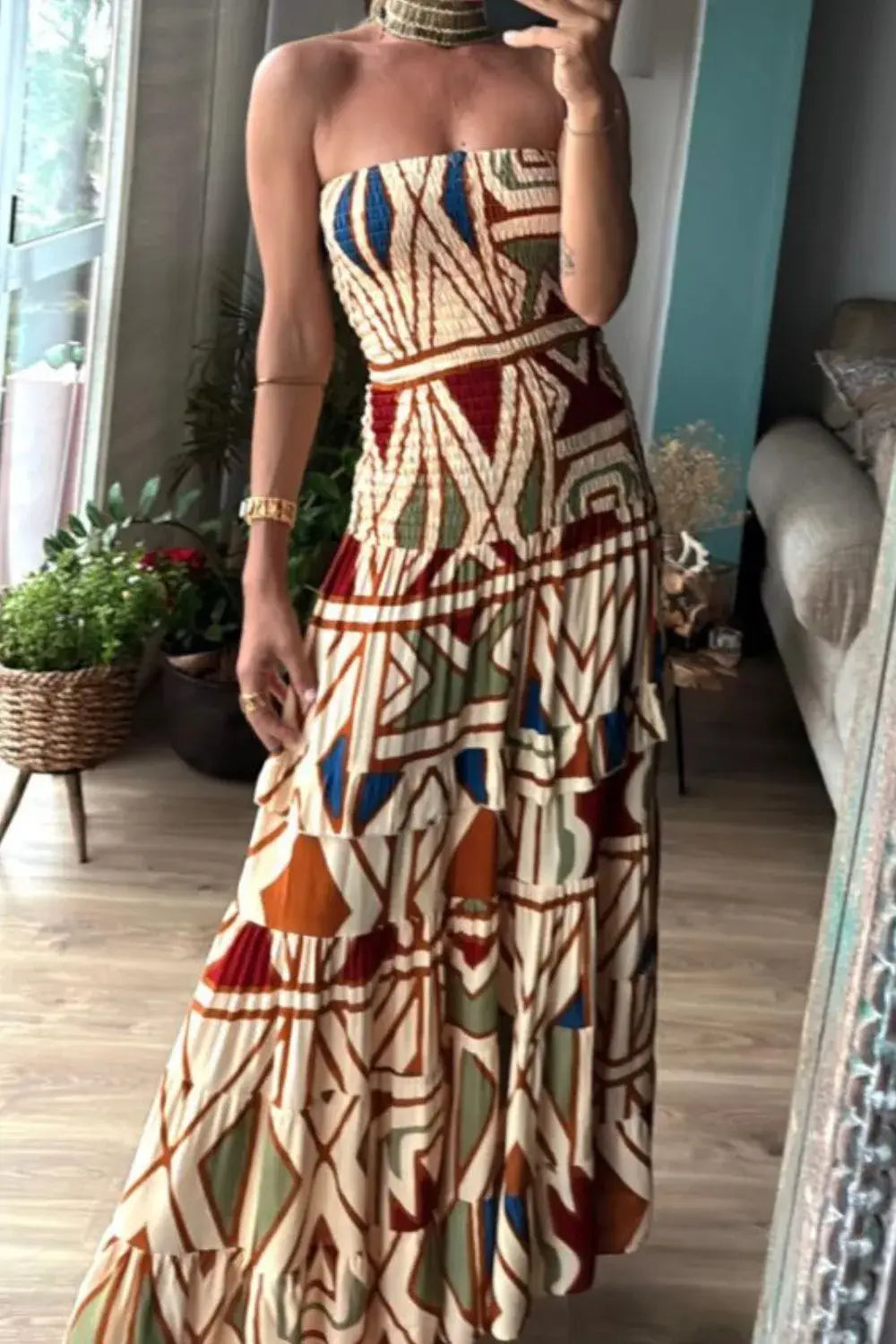 Smocked Printed Tube Dress - Trendsi - Flyclothing LLC