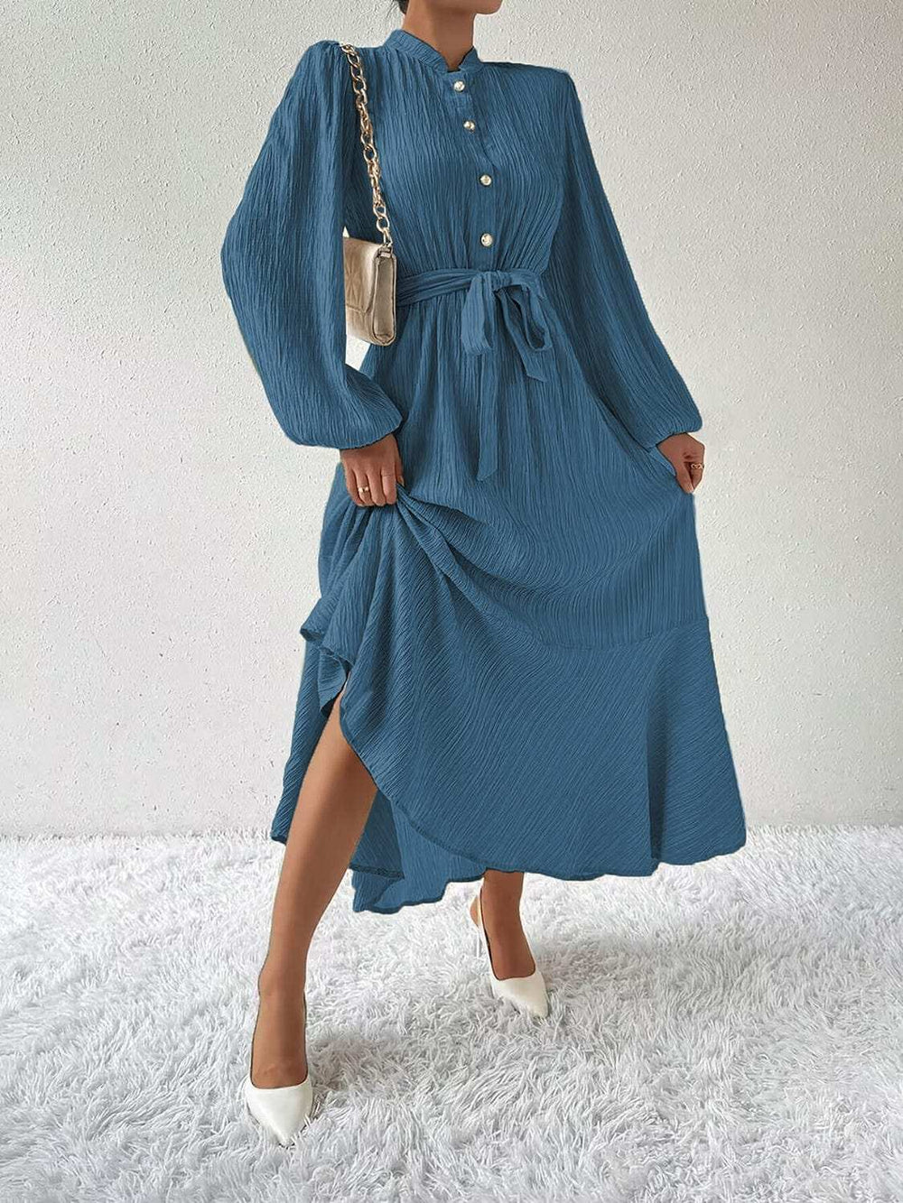 Tie Waist Long Sleeve Dress - Trendsi - Flyclothing LLC