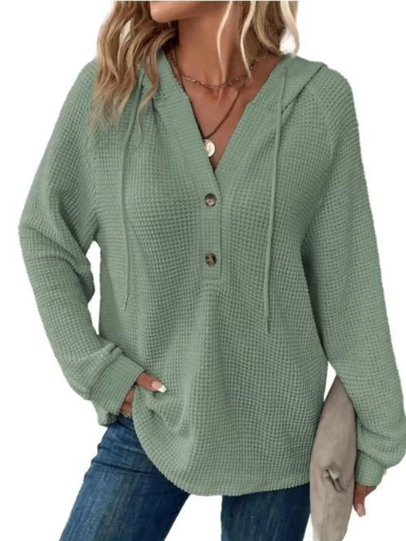 Full Size Button Detail Waffle Knit Hoodie Plus Size - Trendsi - Flyclothing LLC