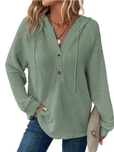 Full Size Button Detail Waffle Knit Hoodie Plus Size - Trendsi - Flyclothing LLC