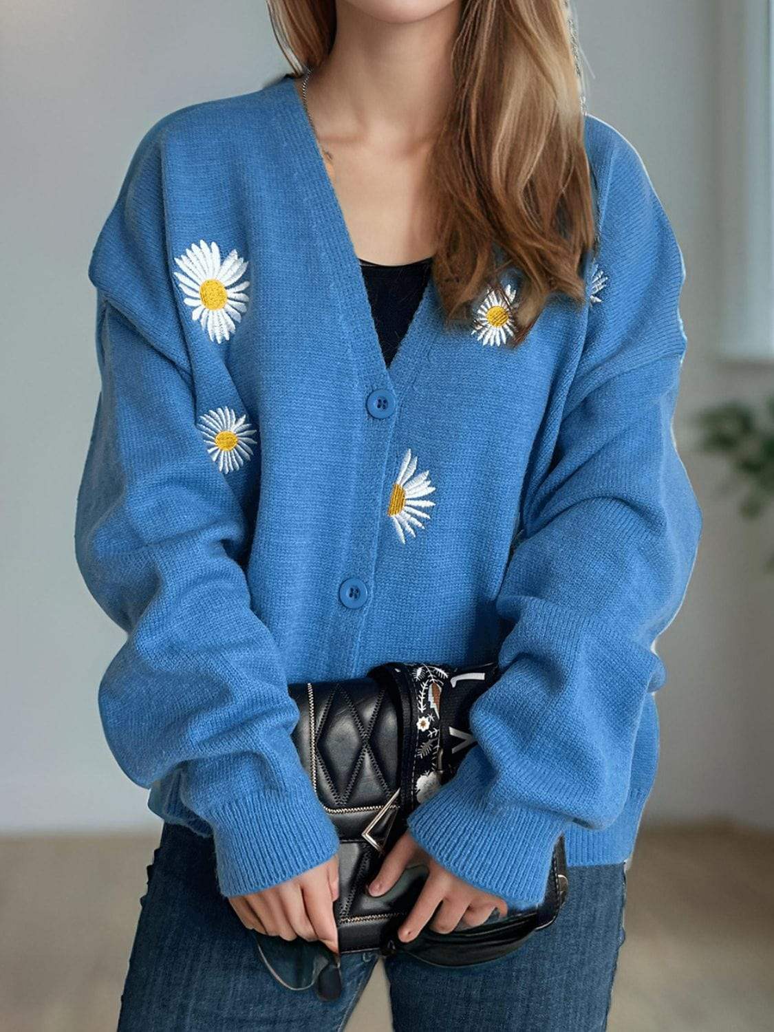 Daisy Button Up V-Neck Cardigan - Trendsi - Flyclothing LLC