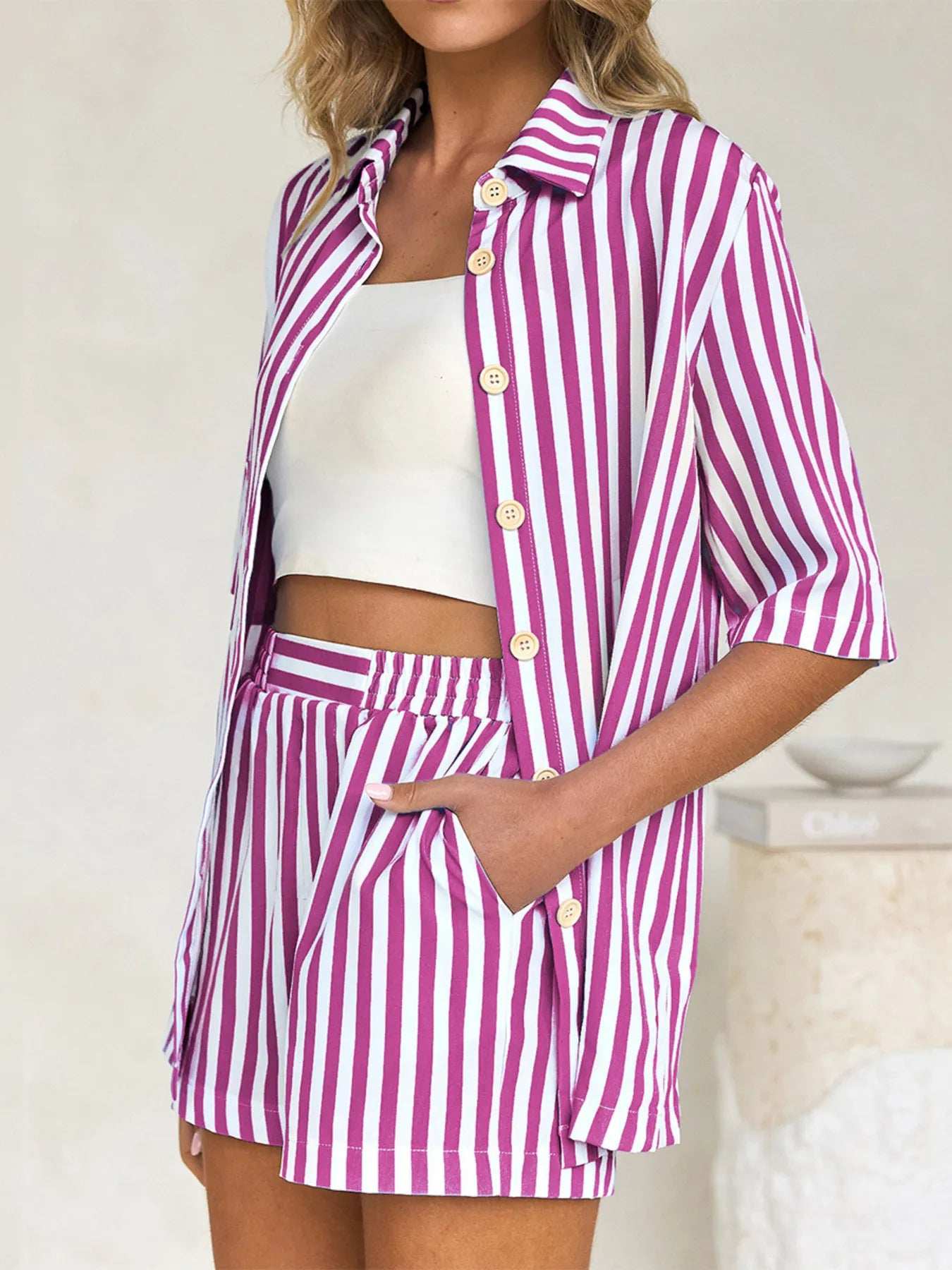 Striped Button Up Shirt and Shorts Set - Trendsi - Flyclothing LLC