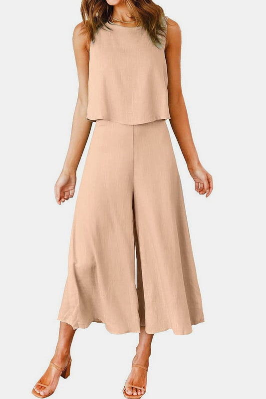 Round Neck Top and Wide Leg Pants Set - Trendsi