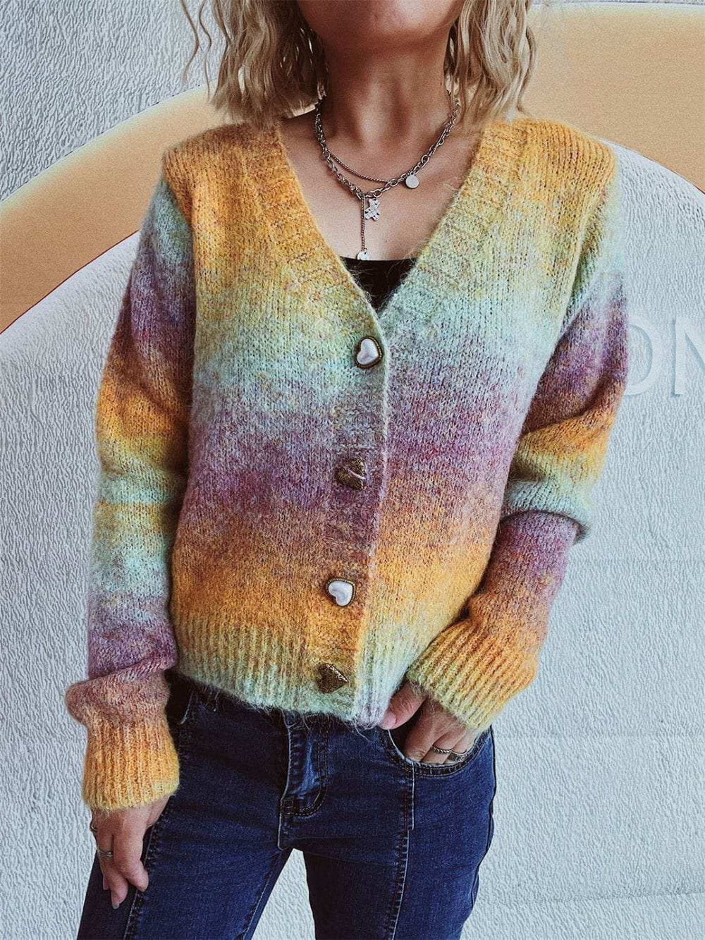 Gradient Heart Shape Button V-Neck Cardigan - Trendsi - Flyclothing LLC
