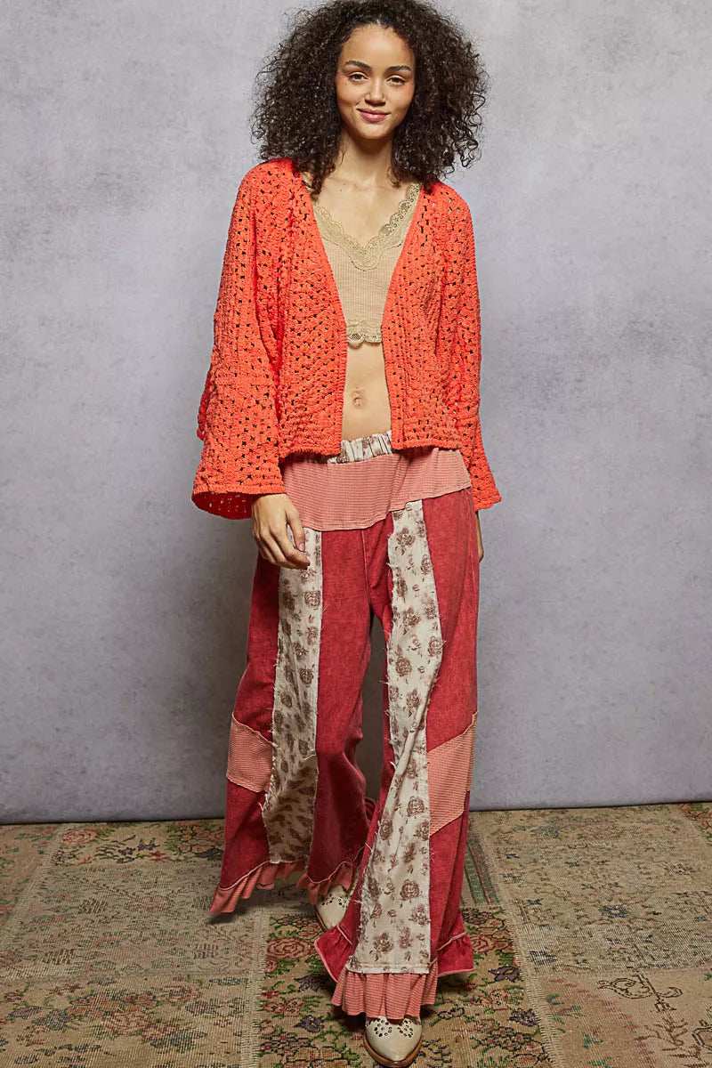 POL Open Front Cardigan with Crochet Patterns - Trendsi - Flyclothing LLC