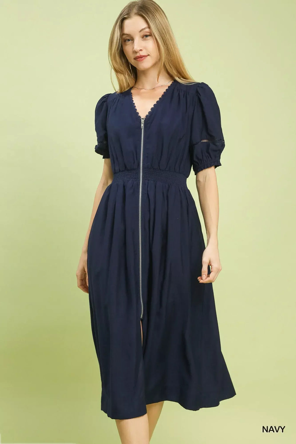 Umgee Zip-Front Smocked Waist Midi Dress - Trendsi - Flyclothing LLC