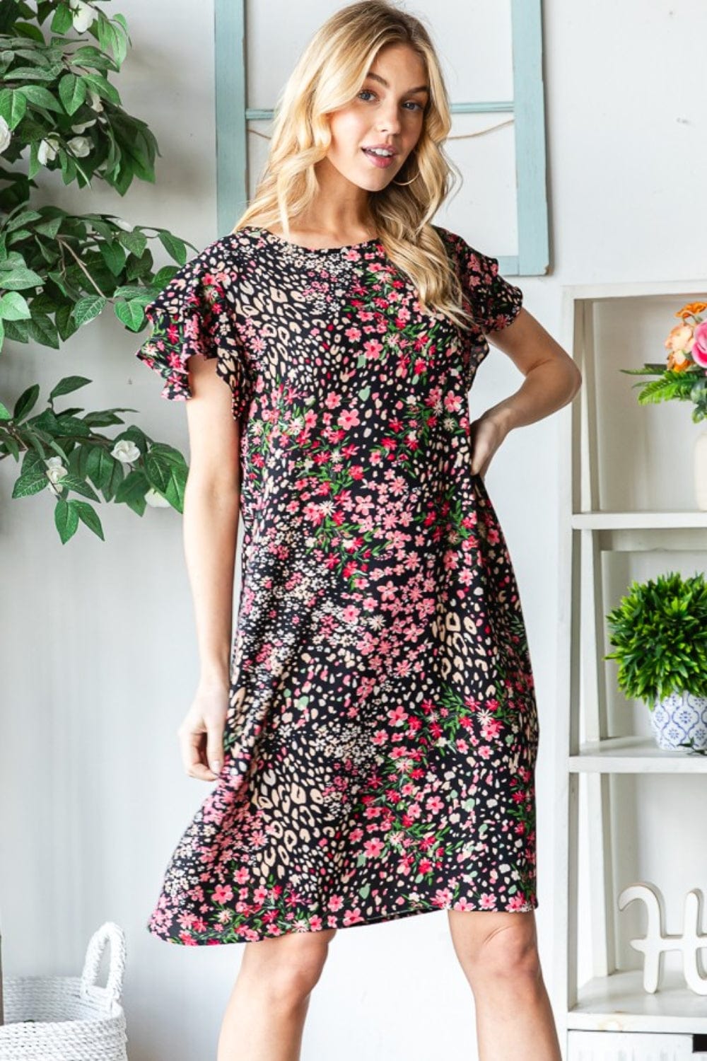 Heimish Full Size Printed Ruffled Short Sleeve Dress with Pockets - Trendsi