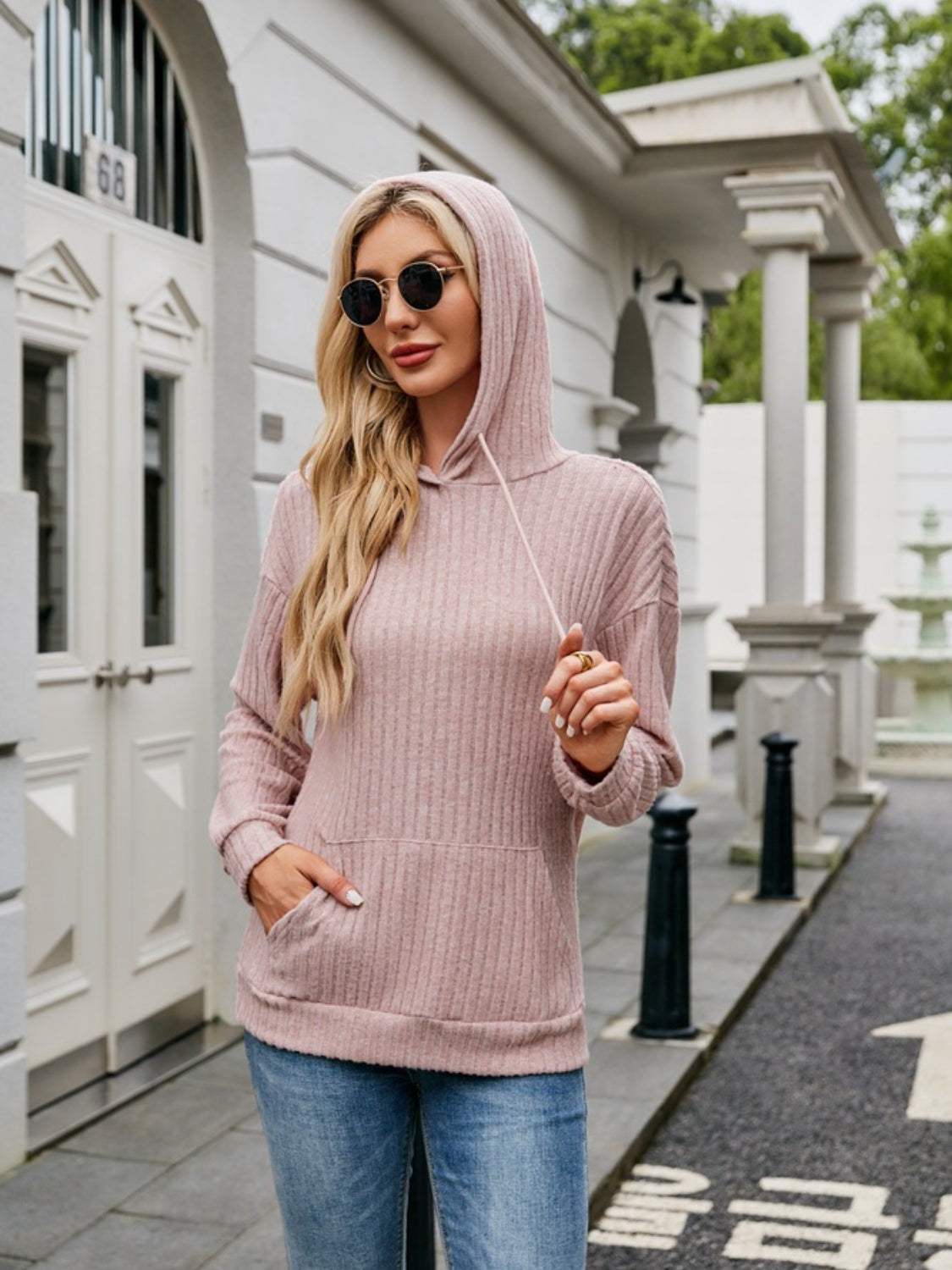Ribbed Drawstring Long Sleeve Hoodie - Trendsi - Flyclothing LLC