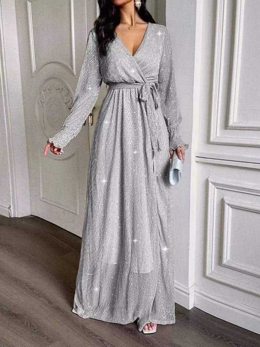 Glittering Surplice Long Sleeve Slit Maxi Dress - Trendsi - Flyclothing LLC