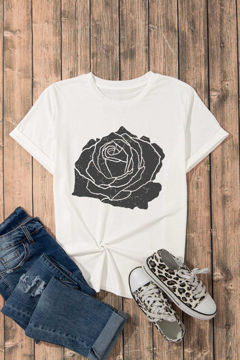 Rose Graphic Round Neck Short Sleeve T-Shirt - Trendsi - Flyclothing LLC