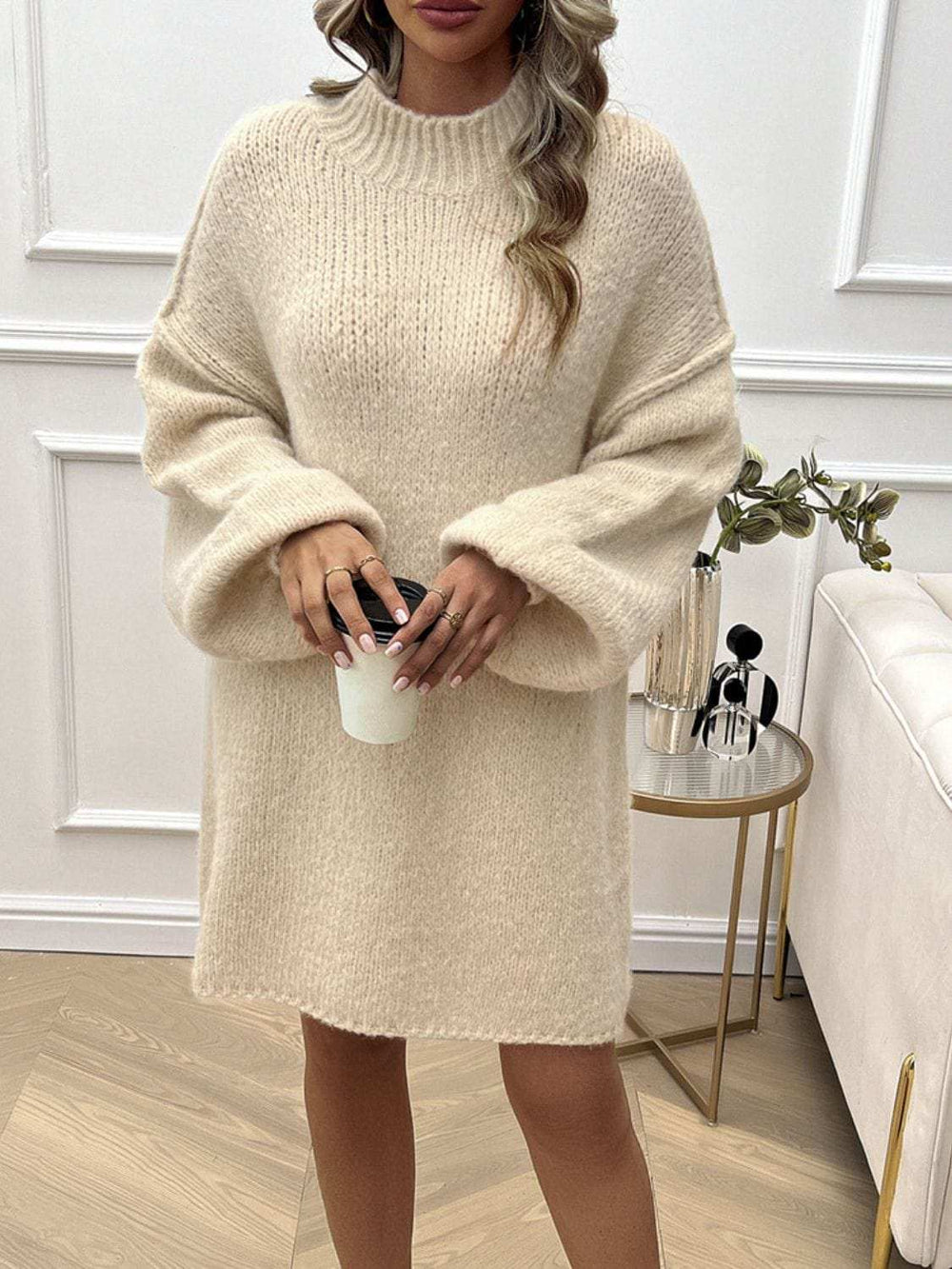 Devine Mock Neck Long Sleeve Mini Sweater Dress - Trendsi - Flyclothing LLC