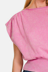Zenana Washed Boat Neck Bottom Banded Dolman Sleeve Top - Trendsi - Flyclothing LLC