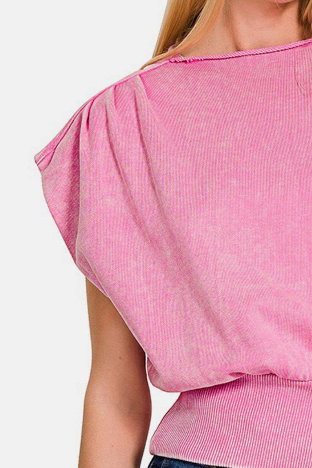Zenana Washed Boat Neck Bottom Banded Dolman Sleeve Top - Trendsi - Flyclothing LLC