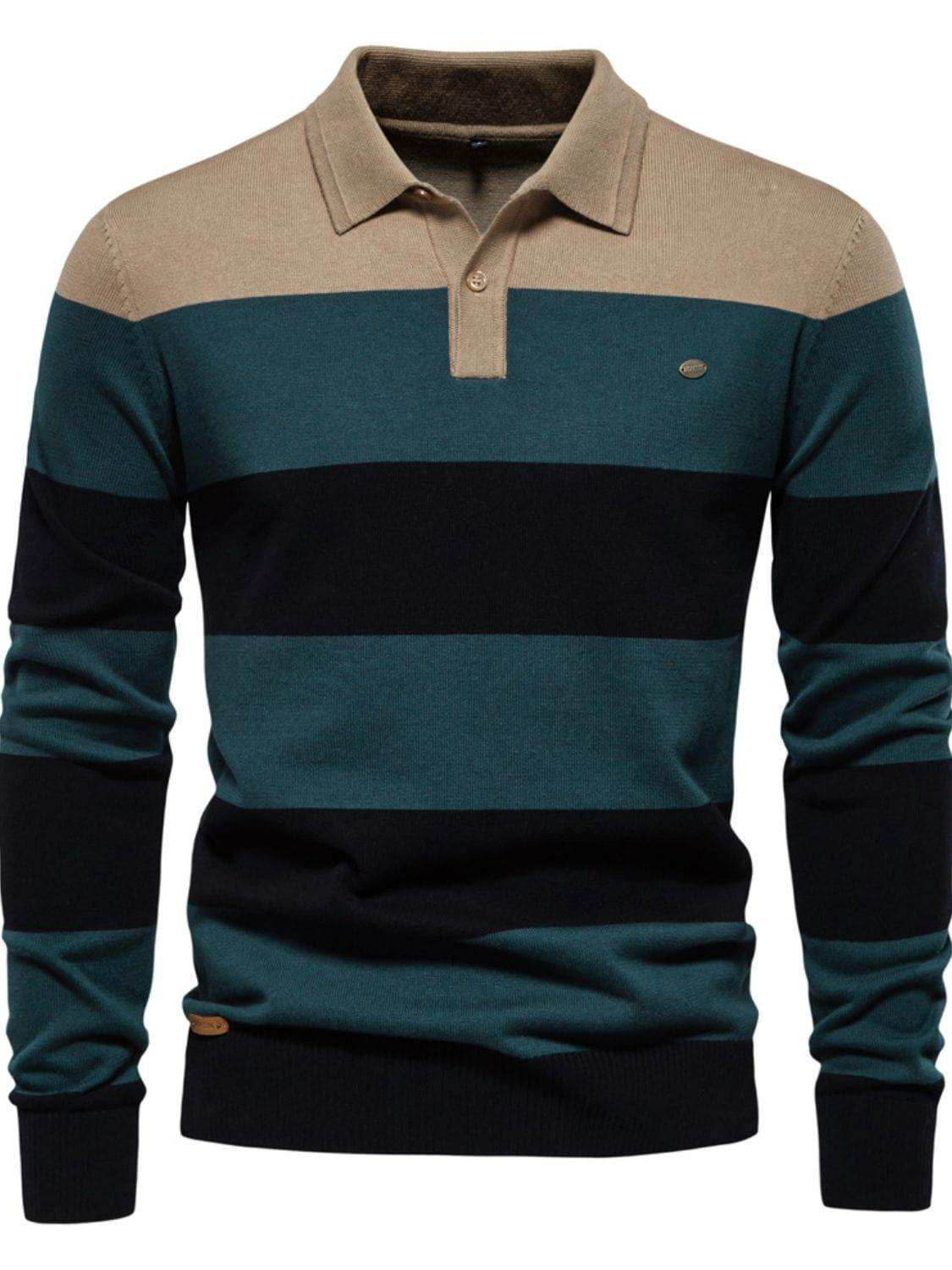 Men's Striped Long Sleeve Knit Polo - Trendsi - Flyclothing LLC