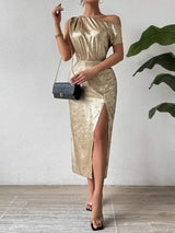 Slit One Shoulder Short Sleeve Midi Dress - Trendsi - Flyclothing LLC