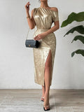 Slit One Shoulder Short Sleeve Midi Dress - Trendsi
