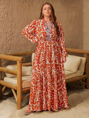Plus Size Printed Notched Long Sleeve Maxi Dress - Trendsi
