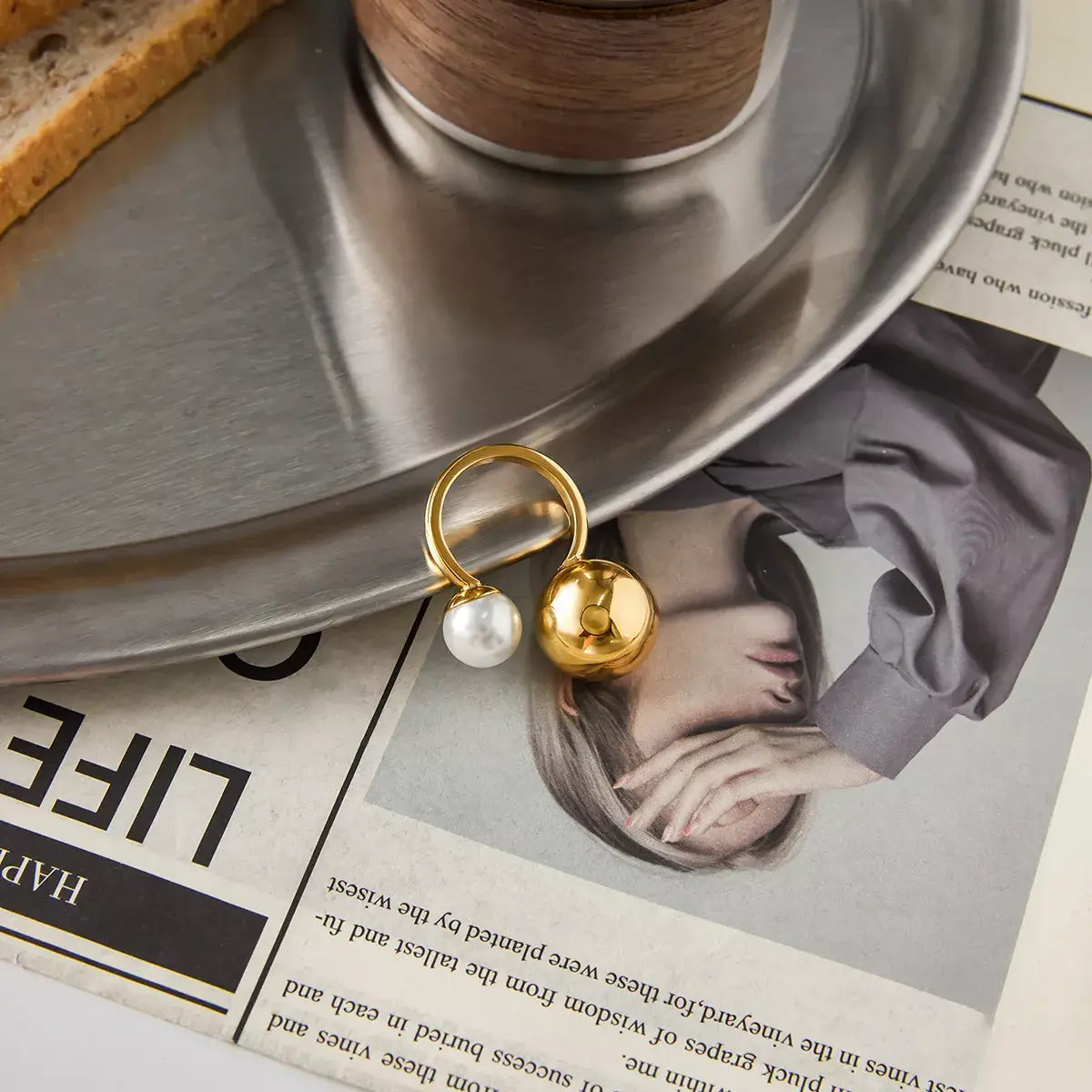 18K Gold-Plated Orb & Pearl Open Ring - Trendsi - Flyclothing LLC