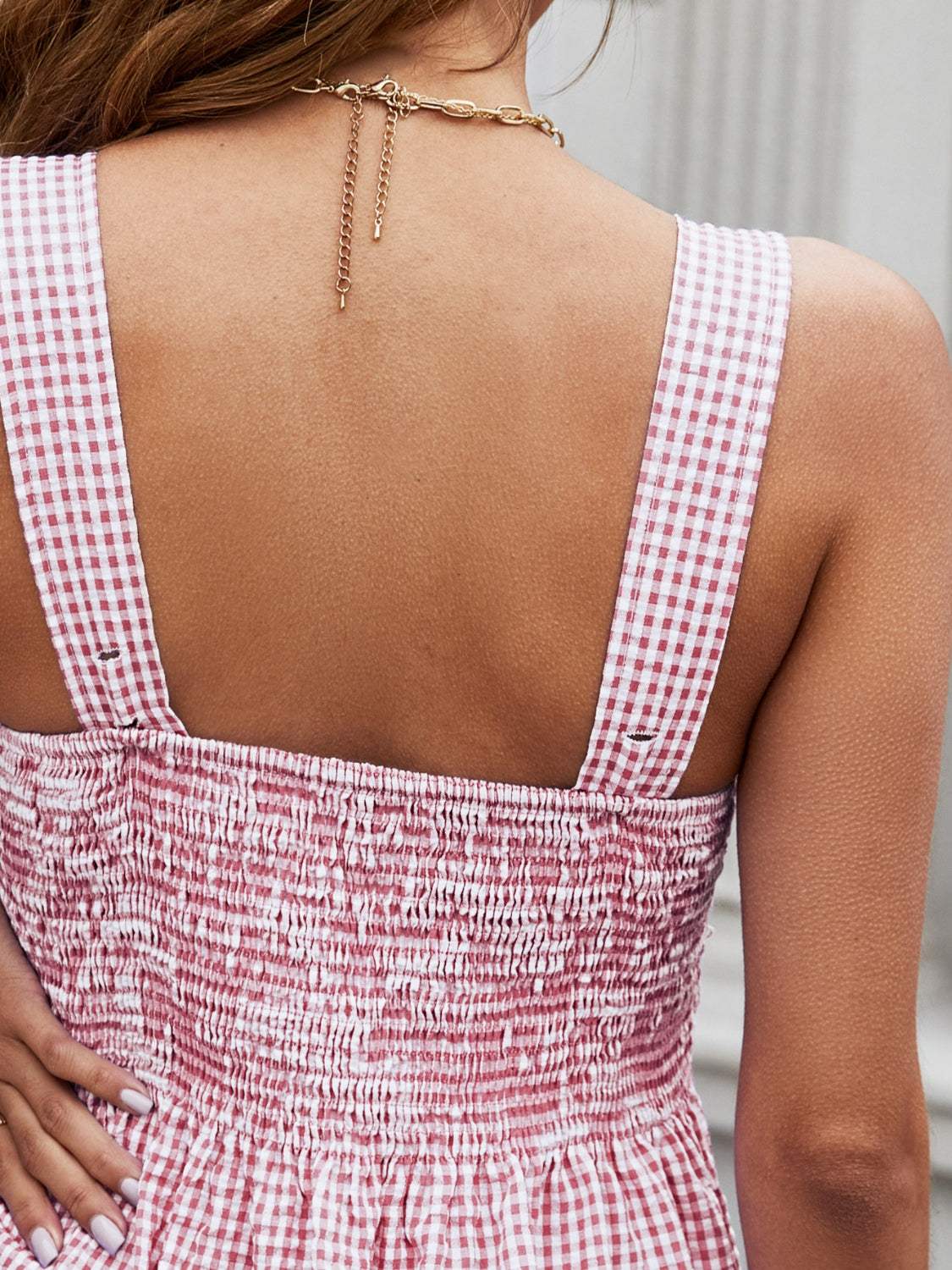 Smocked Plaid Square Neck Tank - Trendsi - Flyclothing LLC