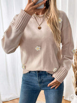 Perfee Flower Round Neck Long Sleeve Sweater - Trendsi - Flyclothing LLC