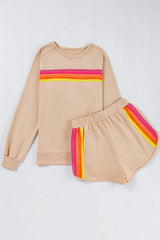 Full Size Contrast Striped Round Neck Top and Shorts Set - Trendsi - Flyclothing LLC