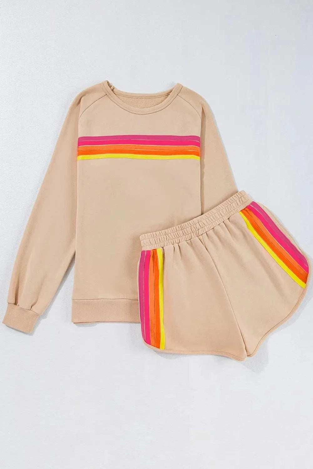 Full Size Contrast Striped Round Neck Top and Shorts Set - Trendsi - Flyclothing LLC