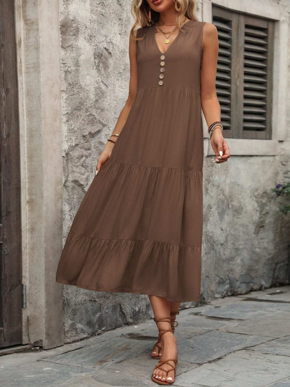 Decorative Button Notched Sleeveless Dress - Trendsi - Flyclothing LLC